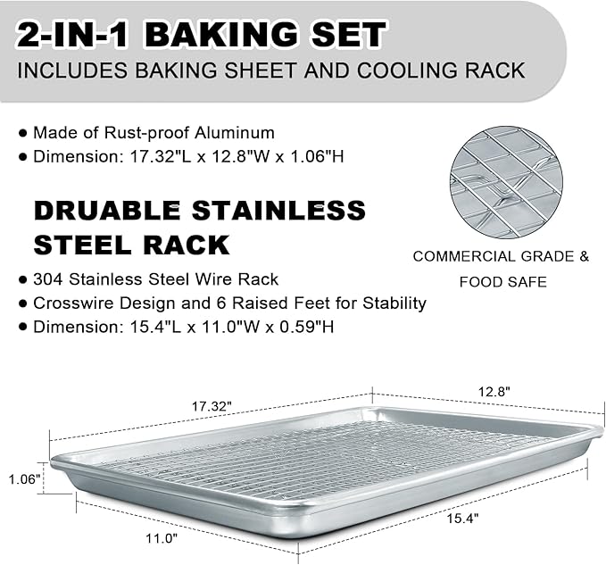 Half Sheet Pans with Rack Set, 18 Inch Commercial Quality Baking Sheet Pan Set, Natural Aluminum Cookie Sheet, Warp Resistant Nonstick Thick Cookie Tray Pans for Baking, Roasting - Image 2