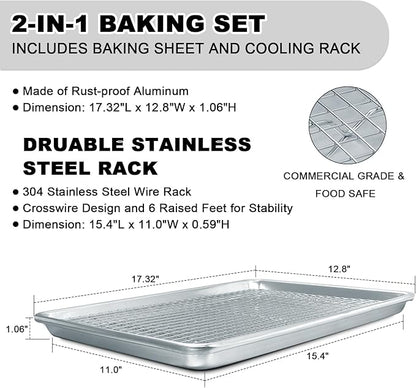 Half Sheet Pans with Rack Set, 18 Inch Commercial Quality Baking Sheet Pan Set, Natural Aluminum Cookie Sheet, Warp Resistant Nonstick Thick Cookie Tray Pans for Baking, Roasting - Image 2