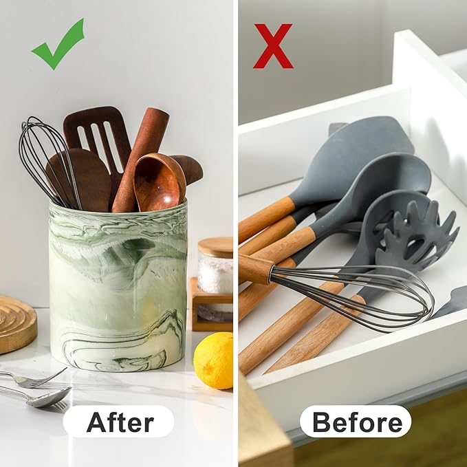 7.2 inch Large Utensil Holder for Kitchen Counter, Marble Utensil Crock Spatula Holder for Countertop Cooking Tools Storage Caddy Farmhouse Kitchen Decor (Marble-Green) - Image 6