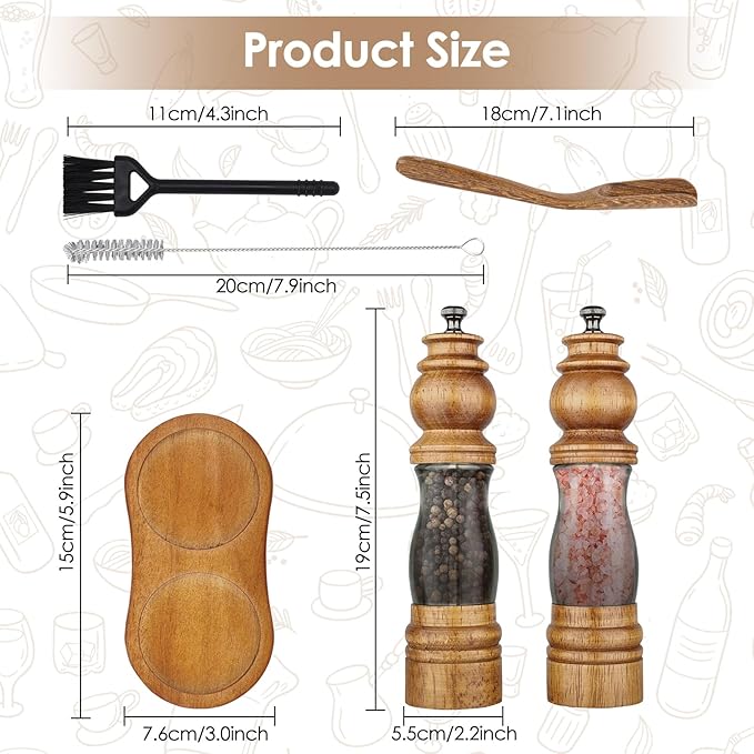 Wooden Salt and Pepper Grinder Set with Wooden Tray and Spoon, 8 Inch Manual Salt and Pepper Mill, Adjustable Coarseness, Refillable with Ceramic Core for Spices, Clear Acrylic Chamber