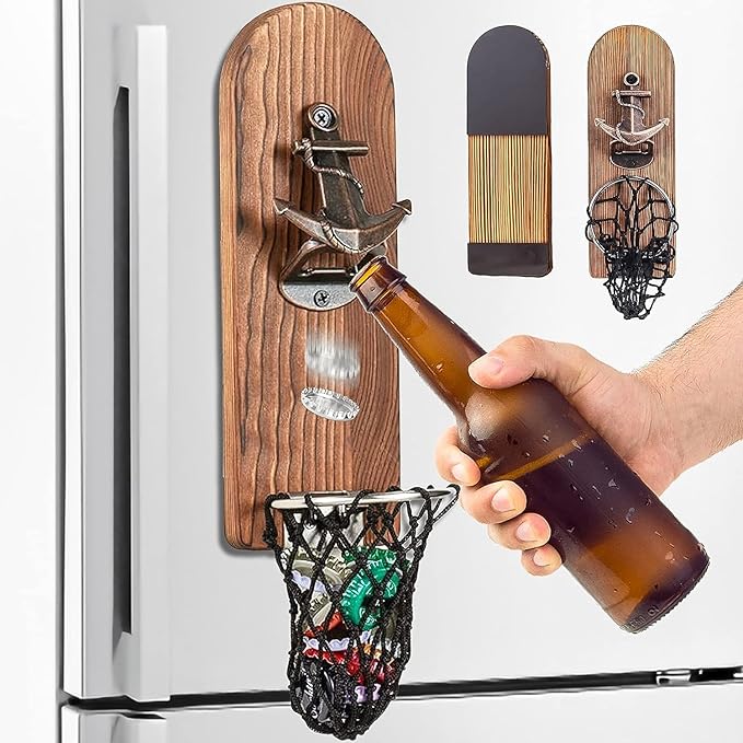 Beer Bottle Opener Wall Mounted with Magnetic Cap Catcher,Wooden Magnetic Bottle Opener for Fridge,Vintage Beer Gifts for Men, Man Cave Decor,Gifts for Men and Beer Lovers(Style 4)
