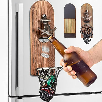 Beer Bottle Opener Wall Mounted with Magnetic Cap Catcher,Wooden Magnetic Bottle Opener for Fridge,Vintage Beer Gifts for Men, Man Cave Decor,Gifts for Men and Beer Lovers(Style 4)