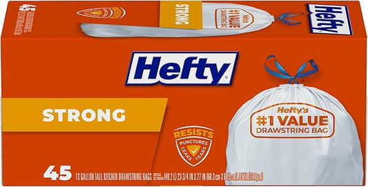 Hefty Strong Tall Kitchen Trash Bags, Unscented, 13 Gallon, 45 Count