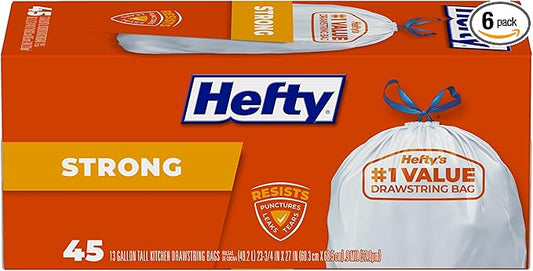 Hefty Strong Tall Kitchen Trash Bags, Unscented, 13 Gallon, 45 Count (Pack of 6)