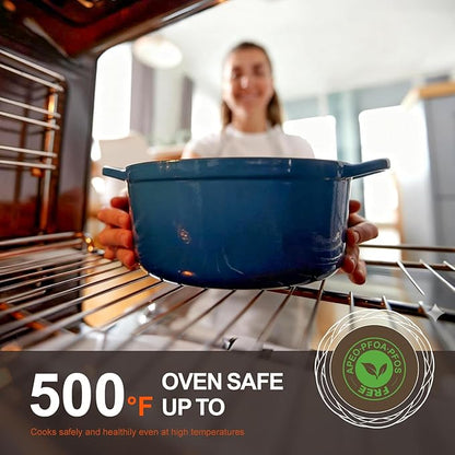 Overmont Enameled Cast Iron Dutch Oven - 5.5QT Pot with Lid Cookbook & Cotton Potholders - Heavy-Duty Cookware for Braising, Stews, Roasting, Sourdough Baking Blue - Image 4