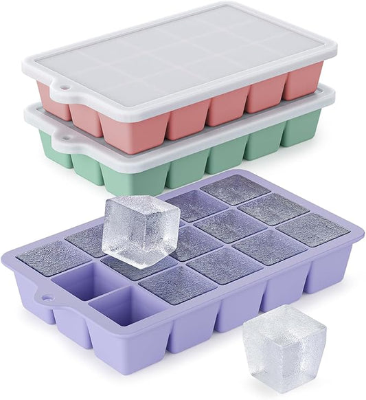 Silicone Ice Cube Tray 3 Pack - EASY RELEASE ice cube tray with lid, BPA Free Ice Cubes Trays for Freezer,ice cube mold for Cocktail,Whiskey (Purple +Pink+Mint) by Vethwal