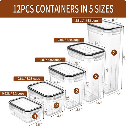PRAKI Airtight Food Storage Containers with Lids, 12PCS Plastic Kitchen Storage Containers for Pantry Organizers and Storage - Cereal, Rice, Flour and Sugar Containers with Labels & Marker - Image 2