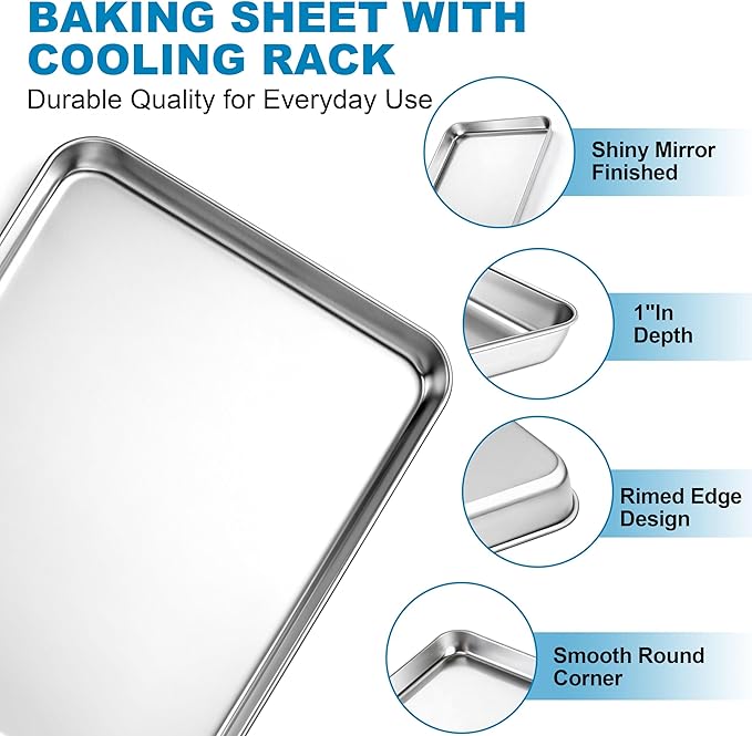 Herogo Stainless Steel Baking Sheet with Wire Rack Set(2 Pans + 2 Racks), 12.5×10×1 Inch Rectangle Cookie Sheet Bakeware Set for Oven, Heavy Duty & Dishwasher Safe- Medium