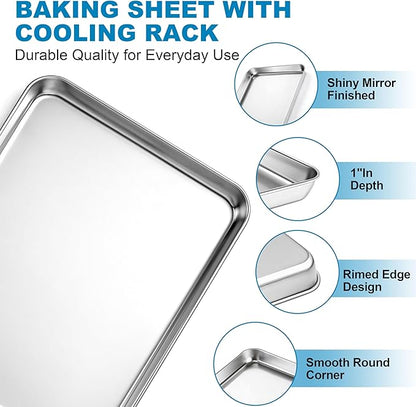 Herogo Baking Sheet with Wire Rack Set(2 Pans + 2 Racks), 9.2'' x 7'' x 1'' Stainless Steel Cookie Sheet Bakeware Set for Oven, Non Toxic & Heavy Duty & Easy Clean- Small