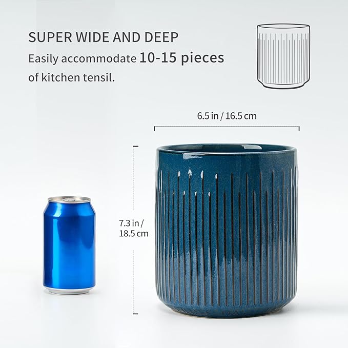 JIEMEI HOME Kitchen Utensil Holder, 7.2" Large Ceramic Stable Utensil Crock for Countertop, Utensil Holder with Cork Mat, Removable Bamboo Divider for Easy, Kitchen Decor, Blue - Image 2