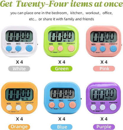 24 Pack Multi-Function Electronic Timer - Kitchen Timer,Magnetic Digital Timers,Big LCD Display, ON/Off Switch,Extensively Use in Cooking,Gym, Meeting, Classroom,Kitchen,Study,Work,Outdoor Activities