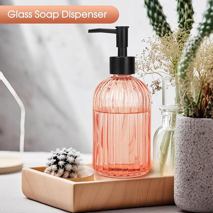 Topsky Stripe Glass Soap Dispenser with Black Plastic Pump, 400ml Liquid Hand Soap Dispenser, Rustproof Pump for Kitchen & Bathroom, Great for Lotions, Essential Oil, Liquid Soaps-Pink Orange - Image 7