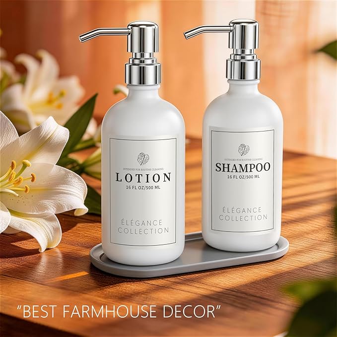 White Glass Soap Dispenser Set of 2, 16oz Hand and Dish Soap Dispenser for Kitchen & Bathroom, Silver Stainless Steel Pump, Non-Slip Base, 14 Waterproof Labels, Minimalist Decor - Image 8