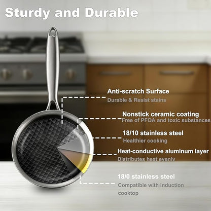 DELARLO 10 inch Tri-Ply Stainless Steel Frying Pan With Lid, Nonstick Omelette Pans, Small Egg Pan Durable Chef's Pan,Induction Kitchen Skillets, Compatible with All Cooktops, Up to 600℉
