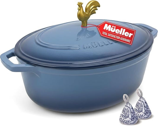 MUELLER HOME 5.5 Quart Enameled Cast Iron Oval Dutch Oven w Rooster Knob & Cotton Potholders, Heavy-Duty Cookware, Oven-Safe up to 500° F & Across All Cooktops, Gifts for Grandma & Women, Mineral Blue by MUELLERHOME