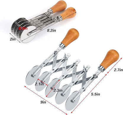 Juome 5 Wheel Pastry Cutter with Wooden Handle, Multi-Round Wheel Pasta Dough Cutter Roller Pizza Slicer Accordion Pastry Knife Divider Tool - Image 5