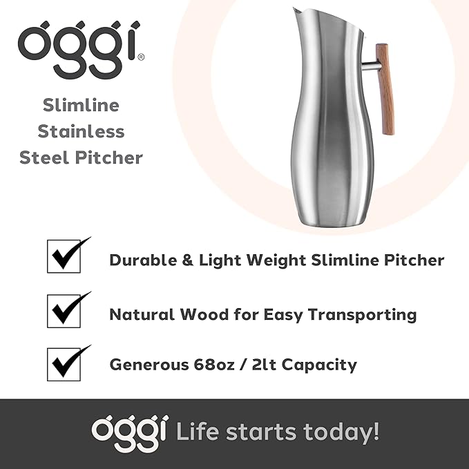 OGGI Slimline Stainless Steel Pitcher- Stainless Steel Water w/Ice Guard, Water Carafe, Great Metal Container for Entertaining, Ideal 68oz / 2 Lt Drink Pitcher - Image 7