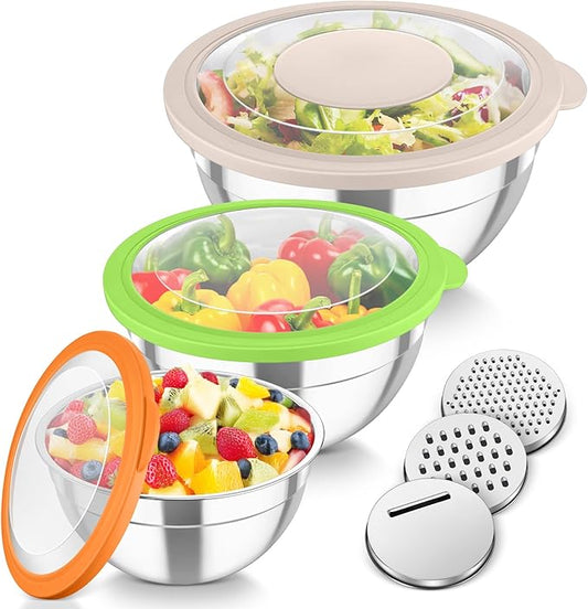 TeamFar Mixing Bowls, 3PCS Stainless Steel Serving Salad Bowls with Lids & 3 Graters, For Kitchen Mixing/Baking/Storing/Prepping, Visible & Airtight, Easy Clean - 4.5/3 / 1.5 QT, Multi-color by TeamFar