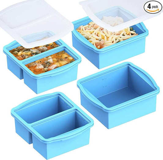 ZIP STANDING Silicone Freezer Trays with Lids, Set of 4 - with 1cup and 2 cup Silicone Freezer Molds for freezing soups, sauces and individual microwave safe