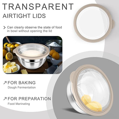 HaWare Mixing Bowls with Airtight Clear Lids, 6-Piece Stainless Steel Strong Nesting Bowls Set, Metal Salad Bowl for Cooking, Prepping, Baking, Serving & Food Storage, Size 4.6, 3, 1.5QT, Khaki - Image 3