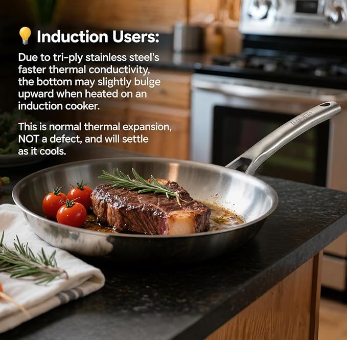 Chef's Frying Pan 12 Inch, Tri-Ply Clad Stainless Steel Skillet, Induction Compatible Sauté Pan with Even Heat for Searing, Oven & Dishwasher Safe, Professional Restaurant Grade Cookware