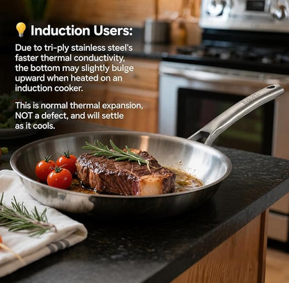 Chef's Frying Pan 12 Inch, Tri-Ply Clad Stainless Steel Skillet, Induction Compatible Sauté Pan with Even Heat for Searing, Oven & Dishwasher Safe, Professional Restaurant Grade Cookware