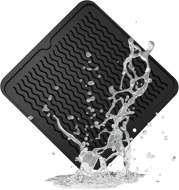 ZLR Silicone Dish Drying Mat 12" x 12" Square - Small Heat Resistant Trivet & Countertop Protector for Air Fryer, Coffee Maker - Waterproof Kitchen Drain Pad for Cups, Fruit (Black) by ZLR
