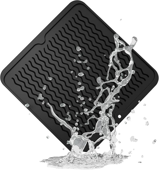 ZLR Silicone Dish Drying Mat 12" x 12" Square - Small Heat Resistant Trivet & Countertop Protector for Air Fryer, Coffee Maker - Waterproof Kitchen Drain Pad for Cups, Fruit (Black) by ZLR