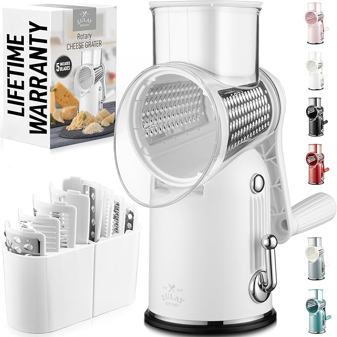 Zulay Kitchen Rotary Cheese Grater 5 Blade Cheese Shredder - Manual Hand Crank Cheese Grater With Reinforced Suction & 5 Interchangeable Drums - Easy to Use, Vegetable Chopper Round Mandoline Slicer by ZulayKitchen
