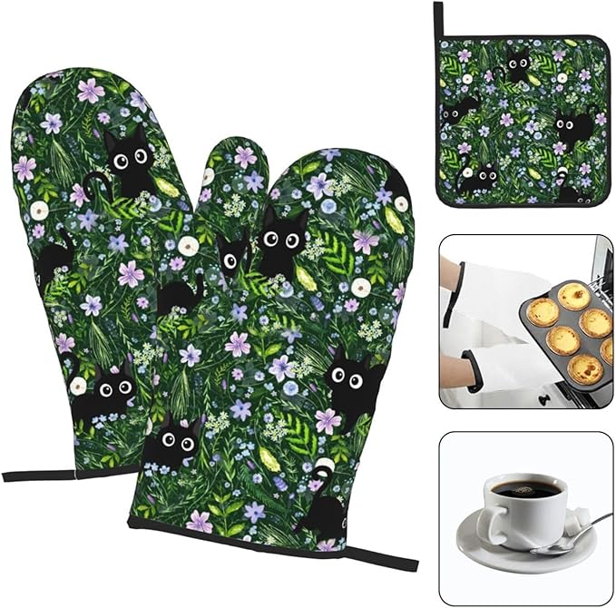 Spring Funny Black Cat Hot Pads and Oven Mitts Heat Resistant,Green Oven Gloves Pot Holders Set for Cooking Baking Grilling BBQ,Cute Cat Lover & Baking Gifts for Women