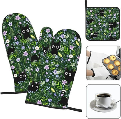 Spring Funny Black Cat Hot Pads and Oven Mitts Heat Resistant,Green Oven Gloves Pot Holders Set for Cooking Baking Grilling BBQ,Cute Cat Lover & Baking Gifts for Women