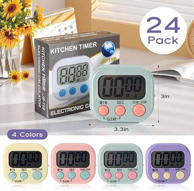 Weewooday 24 Pcs Digital Kitchen Timer Magnetic Timer Bulk On/Off Switch Minute Second Count up Countdown Loud Alarm for Exercise Cook Baking (Macaron Colors) - Image 2