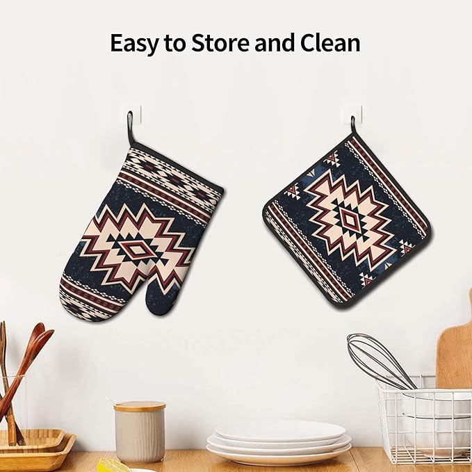 Oven Mitt and Pot Holders Sets - Boho Kitchen Mitts Decorative Tribal Oven Gloves Bohemian Hot Pads Set of 2 for Cooking BBQ Baking Grilling - Image 6