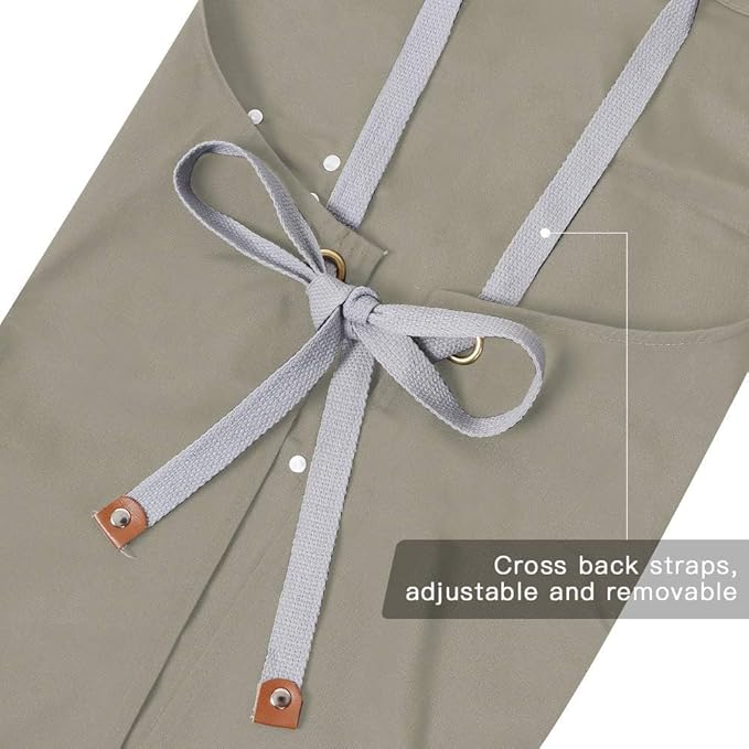 Mignongirl Chef Apron,Cross Back Apron for Men Women with Adjustable Straps and Large Pockets,Canvas,M-XXL (Beige) - Image 6