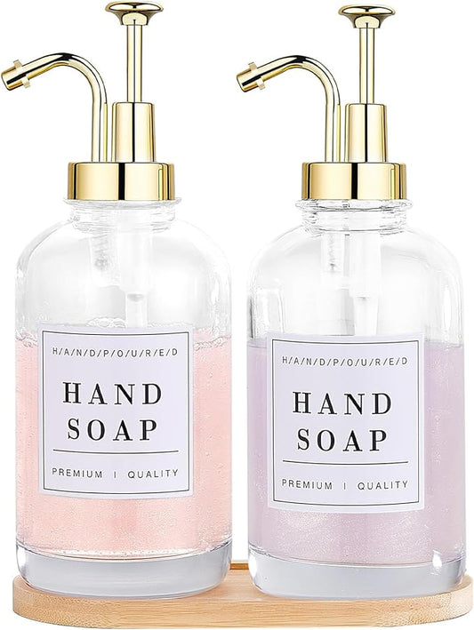 Glass Soap Dispenser with Pump,Tray,Funnel, Countertop Soap and Lotion Dispenser Set of 2 with 60 Stickers, Dish and Hand Soap Dispenser Bottle for Kitchen,Bathroom,Shower,500ml/16.9oz