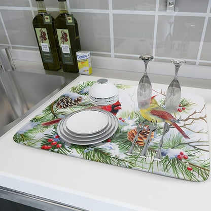 Giwawa Red Birds Dish Drying Mat, Xmas Tree Branch Holly Red Berries Dish Drainer Mats, Winter Snow Pine Cones Reversible Dish Drying Rack Pad Protector for Kitchen Countertop Decor, 18"x24"