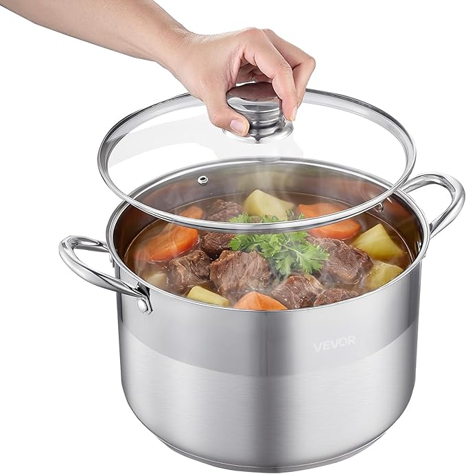 VEVOR Stainless Steel Stock Pot, 12QT Stainless Steel Stockpot with Glass Lid, PFOA-Free, PFAS-Free, Compatible with Gas Stoves, Induction Cooktops, Electric Stoves, for Soups, Stews, and Pasta by VEVOR