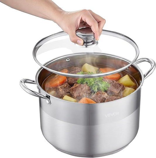 VEVOR Stainless Steel Stock Pot, 12QT Stainless Steel Stockpot with Glass Lid, PFOA-Free, PFAS-Free, Compatible with Gas Stoves, Induction Cooktops, Electric Stoves, for Soups, Stews, and Pasta by VEVOR