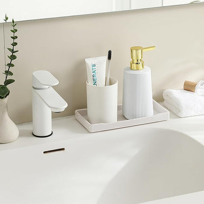 Small Soap Dispenser for Bathroom and Kitchen, Modern Farmhouse Striped Style Plastic Hand Soap Dish Soap Dispenser with Pump Matte White and Gold - Image 2
