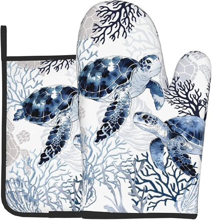 Coastal Oven Mitts and Pot Holders Sets of 2 Summer Kitchen Mitts Blue Sea Turtle Hot Pads for Cooking Baking Grilling by DZGlobal