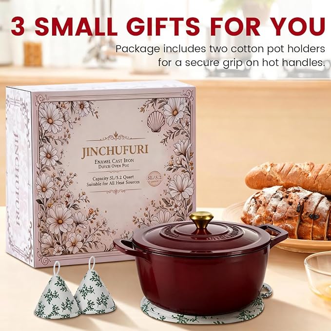 Enameled Cast Iron Dutch Oven - JINCHUFURI 5 Quart Cast Iron Dutch Oven Enameled Oven with Lid for Sourdough Bread Baking, Pre-Seasoned Pot Oven Safe - Image 9