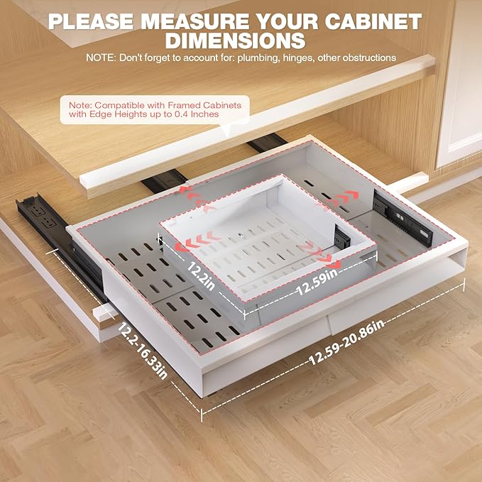 Seinloes 2 Pack Pull Out Cabinet Organizer With Raising Pad for Framed Cabinets,Expandable Width (13"-21") and Depth (13"-17"),3 Slide Rails Slide Out Drawers with Handle,No-Drill Roll Out Shelf,White - Image 5