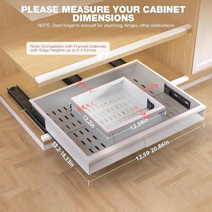 Seinloes 2 Pack Pull Out Cabinet Organizer With Raising Pad for Framed Cabinets,Expandable Width (13"-21") and Depth (13"-17"),3 Slide Rails Slide Out Drawers with Handle,No-Drill Roll Out Shelf,White - Image 5