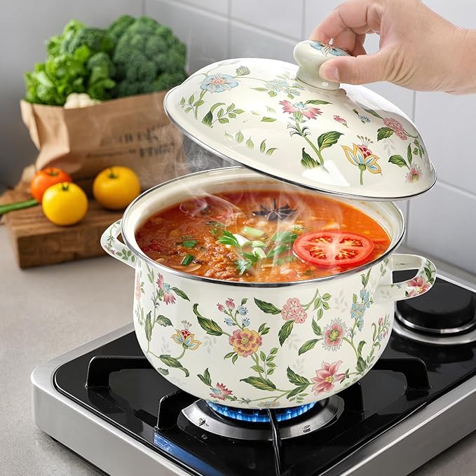 Jucoan 5 Quart Enamel Stockpot with Lid, Green Floral Enamelware Cooking Pot with Dual Handles for Stovetop, Large Soup Pot Potpourri Simmer Pot Gift for Housewarming Bridal Shower Mother's Day - Image 4