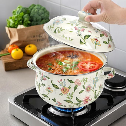 Jucoan 5 Quart Enamel Stockpot with Lid, Green Floral Enamelware Cooking Pot with Dual Handles for Stovetop, Large Soup Pot Potpourri Simmer Pot Gift for Housewarming Bridal Shower Mother's Day - Image 4