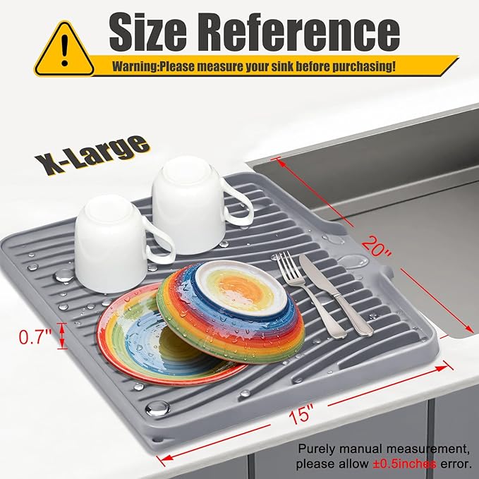 TIKNIK Silicone Dish Drying Mat, Stone Drying Mat for Kitchen Counter with Built-In Drain, Non-Slip Drain Pad with Built-in Drain, Heat Resistant Stone Drying Mat, 1Pcs 20" x 15", Grey - Image 2