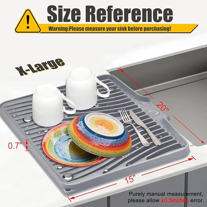 TIKNIK Silicone Dish Drying Mat, Stone Drying Mat for Kitchen Counter with Built-In Drain, Non-Slip Drain Pad with Built-in Drain, Heat Resistant Stone Drying Mat, 1Pcs 20" x 15", Grey - Image 2