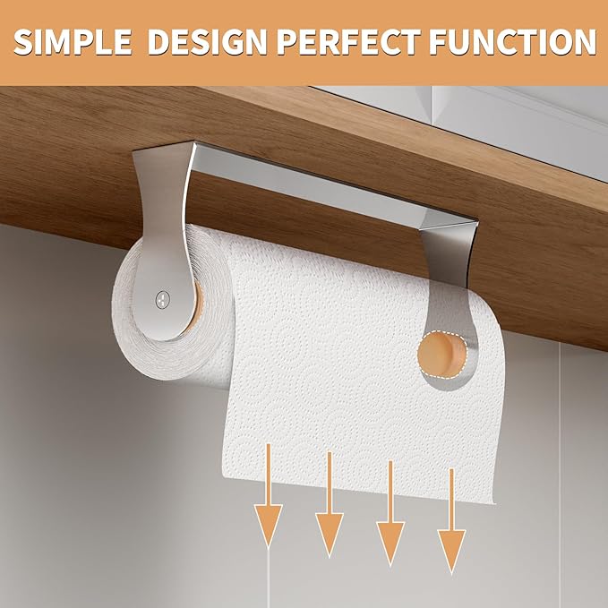 Paper Towel Holder Under Cabinet, Wall Mount Paper Towel Holder for Kitchen Bathroom, Stainless Steel, Adhesive or Screws, Silver - Image 2