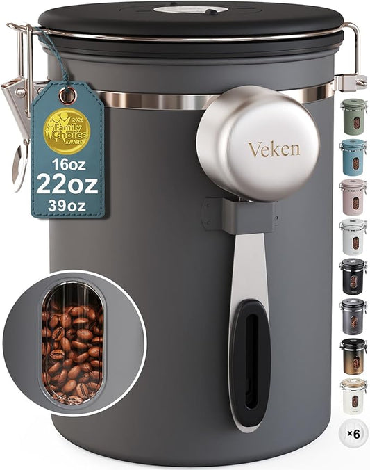 Veken Coffee Canister with Window,Airtight Stainless Steel Kitchen Food Storage Container, Date Tracker & Scoop for Grounds Coffee, Beans, Tea, Flour, Cereal,Sugar,22OZ,Grey by Veken