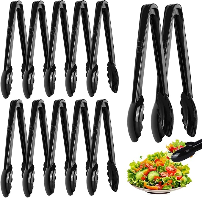 Mwellewm 12 Pc Serving Tongs 9 Inch Bulk Reusable or Disposable Plastic Tongs Heavy Duty Hard Plastic Serving Utensils Set Large Salad Tong for Kitchen Party Food Buffet Appetizer Catering(Black） by Mwellewm